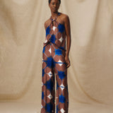 BRUNA | Blue & Burgundy Abstract Printed Wide Leg Trousers