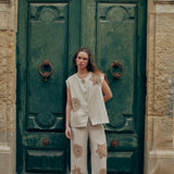 SOMA | Beige Embroidered Linen-Cotton Wide Leg Trousers