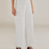 ELODIE | Ecru Embroidered Wide Leg Trousers