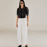 ELODIE | Ecru Embroidered Wide Leg Trousers