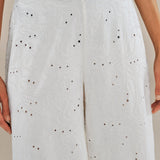 ELODIE | Ecru Embroidered Wide Leg Trousers