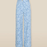 AARYA | Pale Denim Blue Wide-Leg Paisley Cotton Trousers