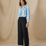 ISHANI | Black Trapunto Embroidered Wide Leg Linen Trousers