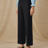 ISHANI | Black Trapunto Embroidered Wide Leg Linen Trousers