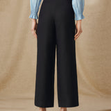 ISHANI | Black Trapunto Embroidered Wide Leg Linen Trousers