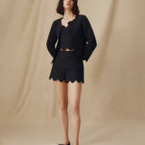 ISHANI | Black Trapunto Embroidered Linen High Waist Short