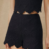 ISHANI | Black Trapunto Embroidered Linen High Waist Short