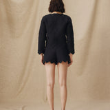 ISHANI | Black Trapunto Embroidered Linen High Waist Short