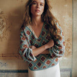 LANA | Teal Multicolour Flower Crochet Cotton Sweater