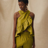 POPEA | Olive Green Wrap Front Cotton Top