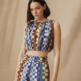 MORINAL | Gathered Geometric Print Cotton Top