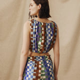 MORINAL | Gathered Geometric Print Cotton Top