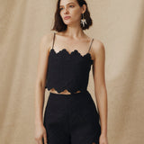 ISHANI | Black Trapunto Embroidered Linen Top