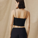 ISHANI | Black Trapunto Embroidered Linen Top