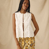LULU | Ecru Broderie Anglaise Cotton Tie Front Top