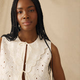 LULU | Ecru Broderie Anglaise Cotton Tie Front Top