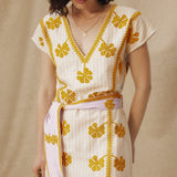 AVANT | Ecru & Ochre Green Embroidered Cotton Linen Tunic