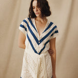 CAIMILE | Ecru Cotton Lace Tunic Dress with Navy Stripes