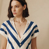 CAIMILE | Ecru Cotton Lace Tunic Dress with Navy Stripes