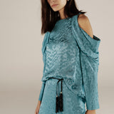 BHAKTI | Turquoise Blue Jacquard Leopard Print Blouse