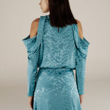 BHAKTI | Turquoise Blue Jacquard Leopard Print Blouse