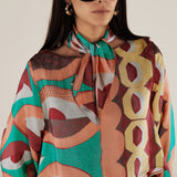 EMBER | Multicoloured Geometric Print Satin Crop Blouse