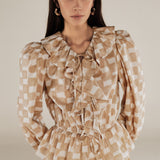 GURNOOR | Soft Brown Check Ruffle Cotton Blouse