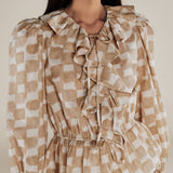 GURNOOR | Soft Brown Check Ruffle Cotton Blouse