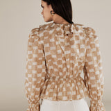 GURNOOR | Soft Brown Check Ruffle Cotton Blouse