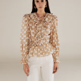 GURNOOR | Soft Brown Check Ruffle Cotton Blouse