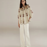 LABONI | Ecru & Brown Floral Embroidery Blouse