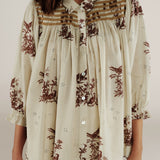 LABONI | Ecru & Brown Floral Embroidery Blouse