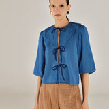 BRUNELLA | Denim Blue Tie Front Cotton Blouse