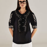 WENDY | Blusa negra de algodón con bordado