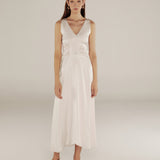 YUKTA | Ivory Pleat Front Satin Midi Dress