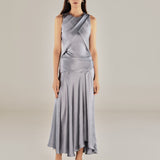 CAROLINA | Grey Satin Midi Wrap Dress