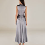CAROLINA | Grey Satin Midi Wrap Dress