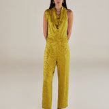 BHAKTI | Chartreuse Yellow Jacquard Leopard Print Sleeveless Jumpsuit