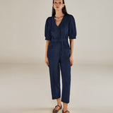 JANAT | Denim Blue Pleated Trim Cotton Jumpsuit