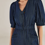 JANAT | Denim Blue Pleated Trim Cotton Jumpsuit