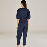 JANAT | Denim Blue Pleated Trim Cotton Jumpsuit