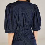 JANAT | Denim Blue Pleated Trim Cotton Jumpsuit