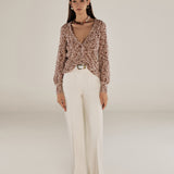 PAOLA | Ecru Pocket Detail Wide Leg Cotton Trousers