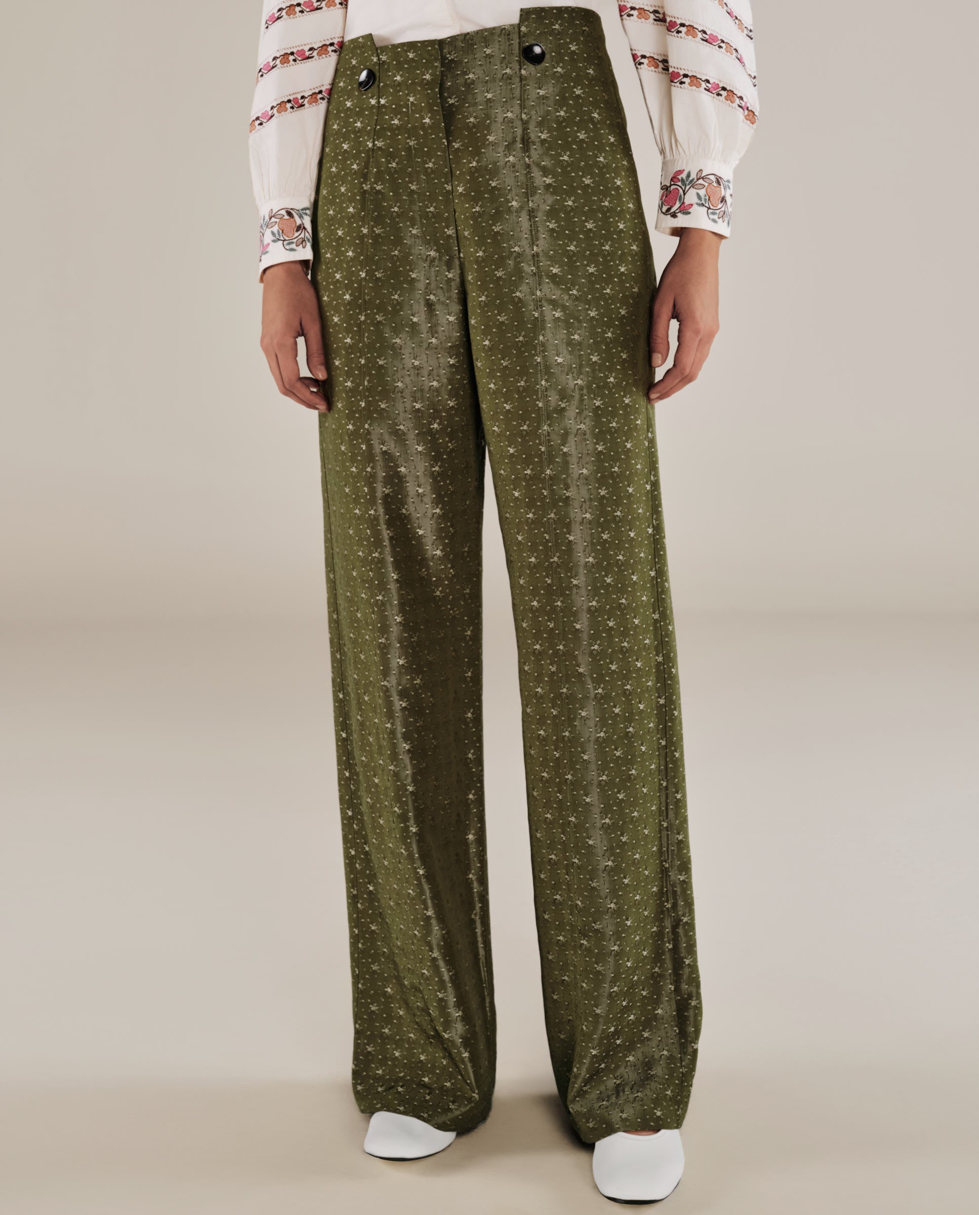 ROMINA | Green & Gold Flower Jacquard Wide Leg Trousers ROMINA | Green & Gold Flower Jacquard Wide Leg Trousers