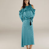 BHAKTI | Turquoise Blue Jacquard Leopard Print Asymmetric Skirt